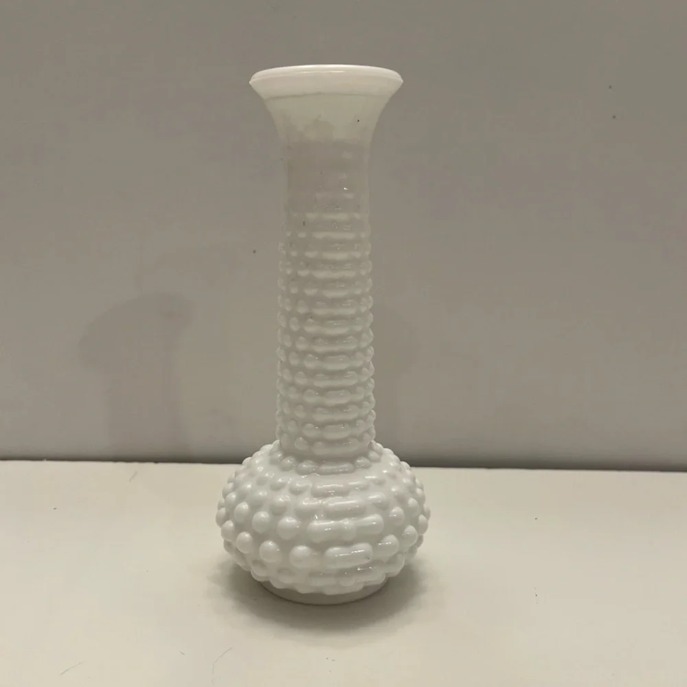 E.O. Brody Co. White Milk Glass Hobnail Bud Vase